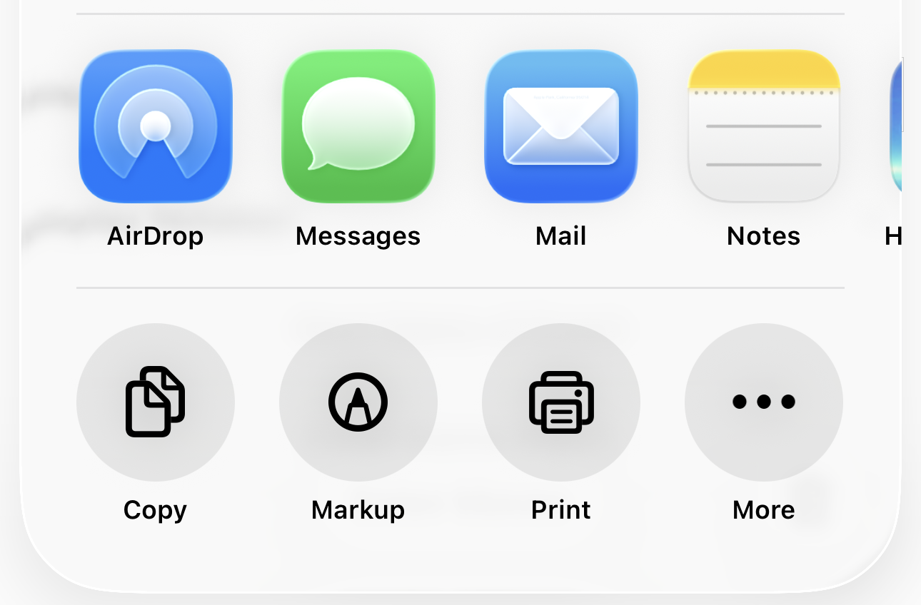 Annotated iOS share sheet showing Destinations, Copy, Print, and Save to Files